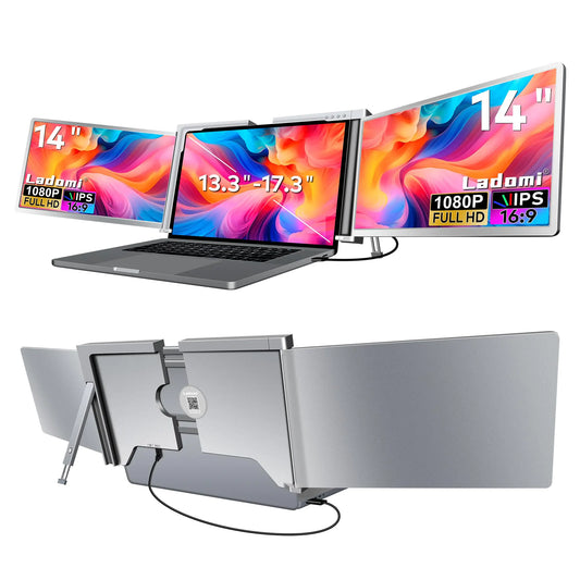 14" Laptop Screen Extender [1 Cable Connect ONLY] [M1/M2/M3] [ USB A/USB C] FHD 1080P Triple Portable Monitor Dual Screen Monitor Work for Windows MacOS for 13.3" -17.3" Laptops - S400 Gray